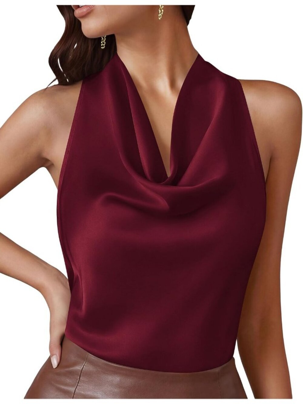 Women's Wine Red Satin Cowl Neck Silk Blouse Sleeveless Date Night Halter Top